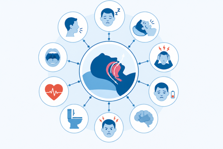 Infografika przedstawiająca objawy bezdechu sennego i zaburzenia oddychania podczas snu