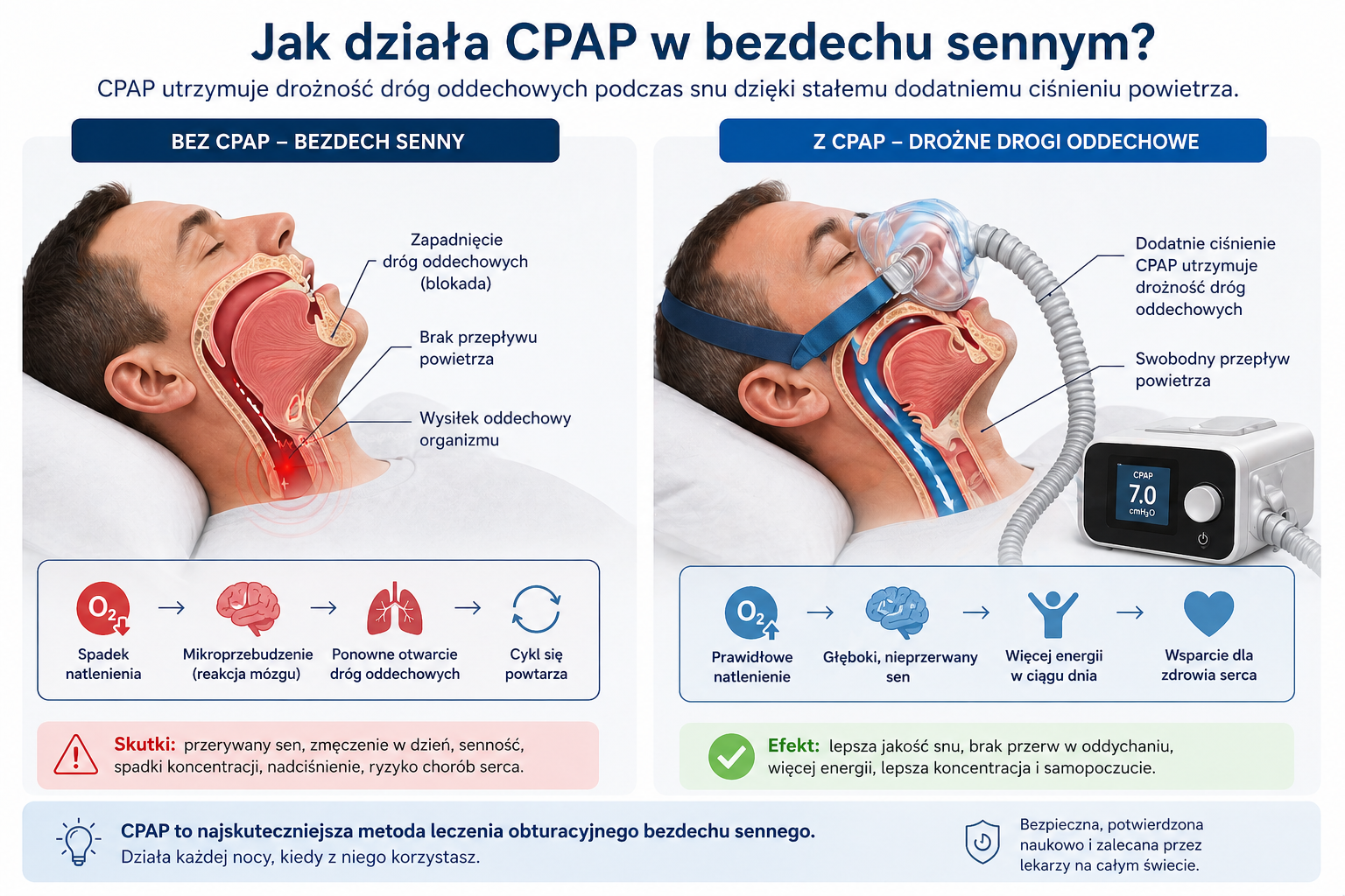 Schemat działania CPAP w bezdechu sennym
