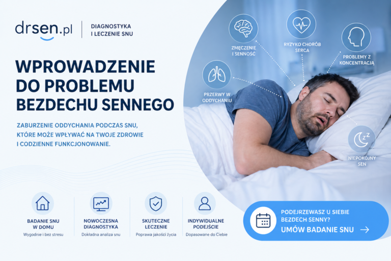 Grafika edukacyjna DrSen.pl przedstawiająca mężczyznę śpiącego i objawy bezdechu sennego: przerwy w oddychaniu, senność, problemy z koncentracją i ryzyko chorób serca.