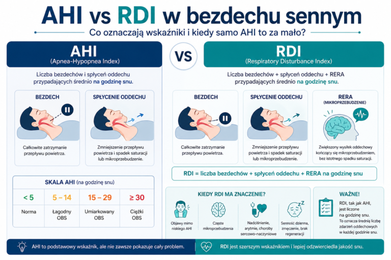 Infografika porównująca AHI i RDI w diagnostyce obturacyjnego bezdechu sennego