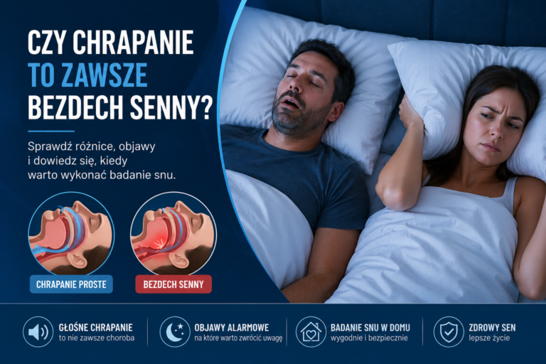 Mężczyzna chrapie podczas snu, a partnerka zasłania uszy; grafika wyjaśnia różnice między chrapaniem prostym a bezdechem sennym.