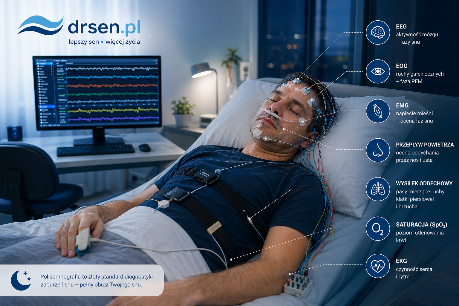 Polisomnografia w laboratorium snu - elektrody EEG EOG EMG EKG saturacja i pasy oddechowe
