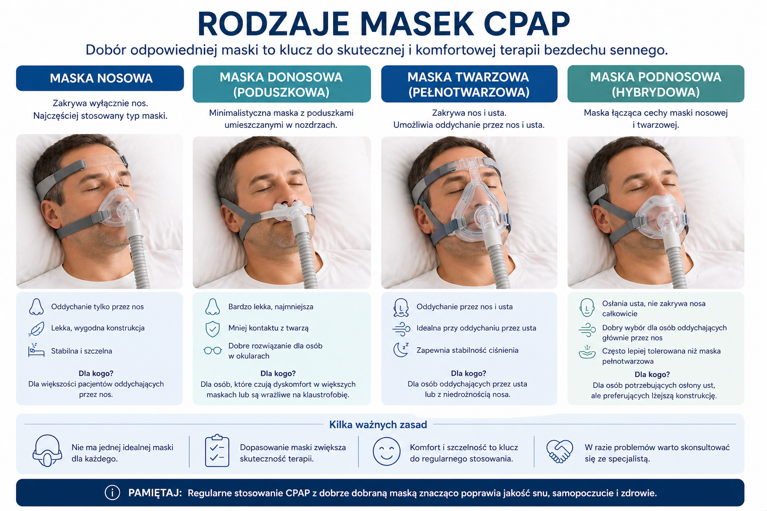 Rodzaje masek CPAP nosowa donosowa i twarzowa