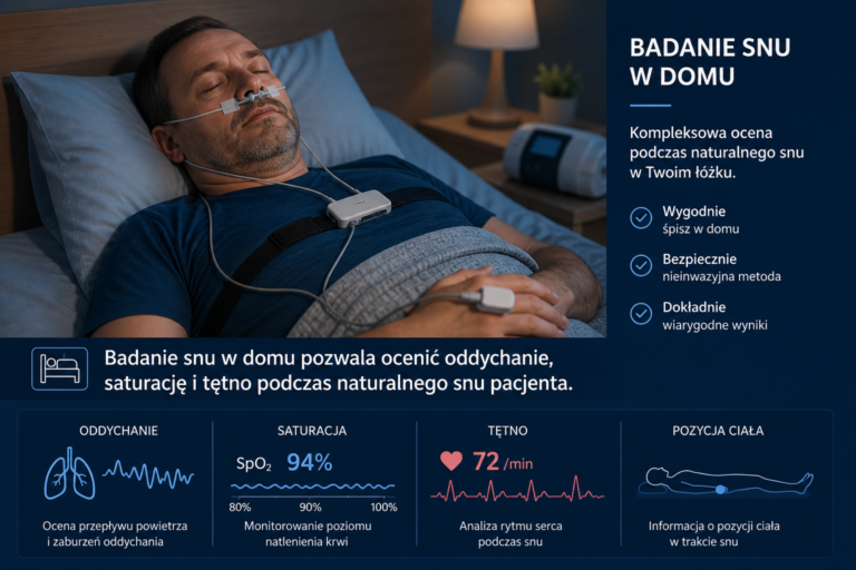 badanie snu w domu poligrafia bezdechu sennego pomiar oddychania saturacji i tętna