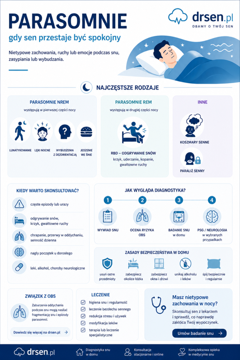 Parasomnie infografika – lunatykowanie, lęki nocne, RBD, koszmary, objawy oraz diagnostyka snu i bezdechu sennego